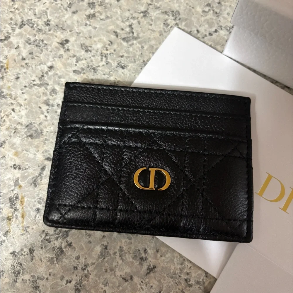 Dior Quilted Black Card Holder with Gold Logo